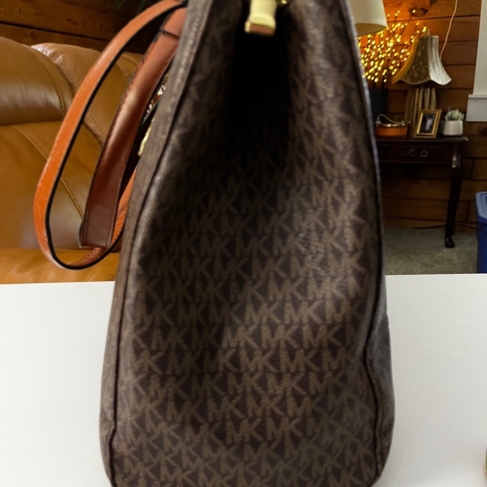 Michael Kors Dark Brown Logo Tote with Gold Chain Accents 13” x 10” X 5” - Picture 4 of 16
